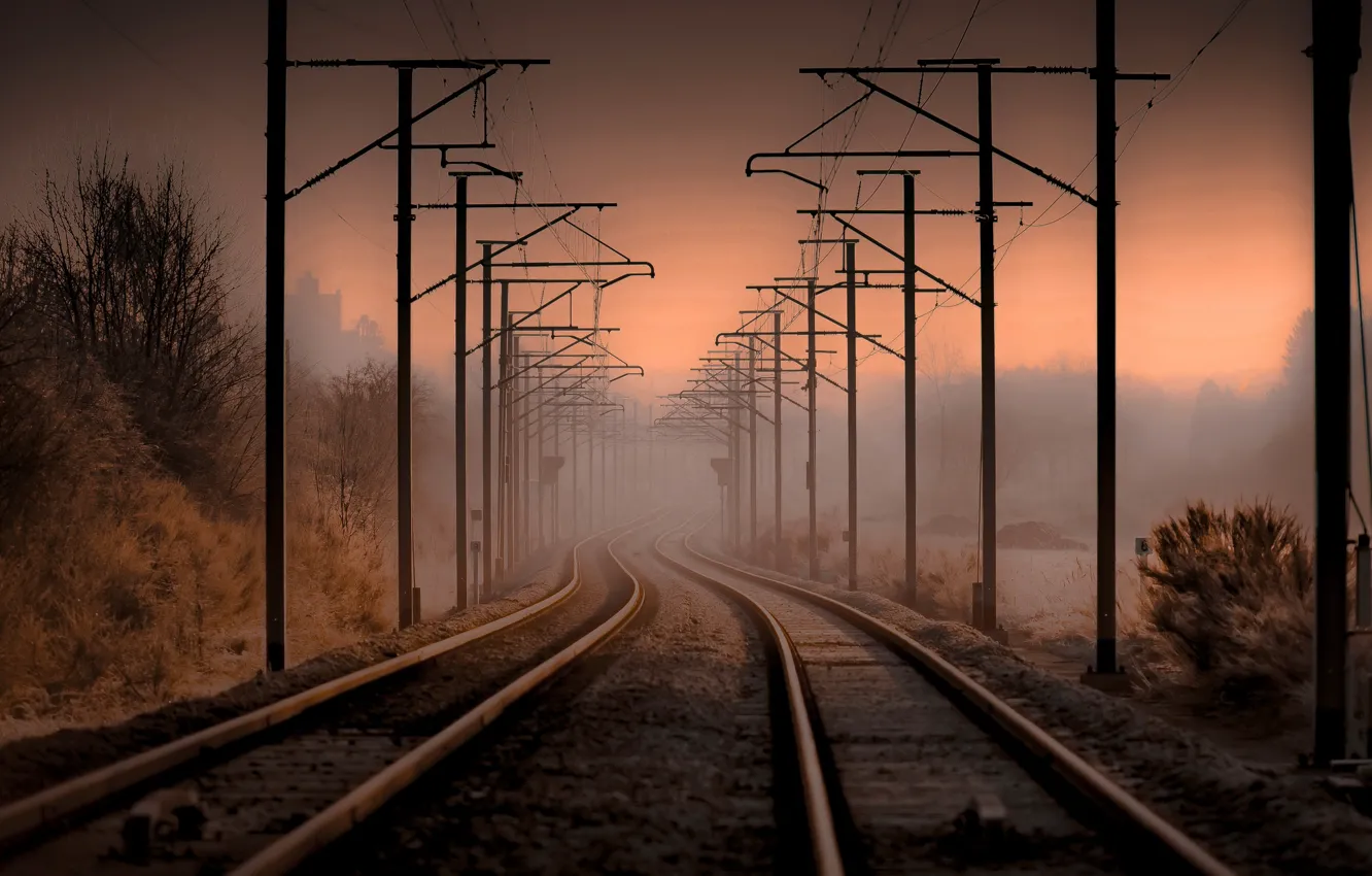 Photo wallpaper night, fog, railroad