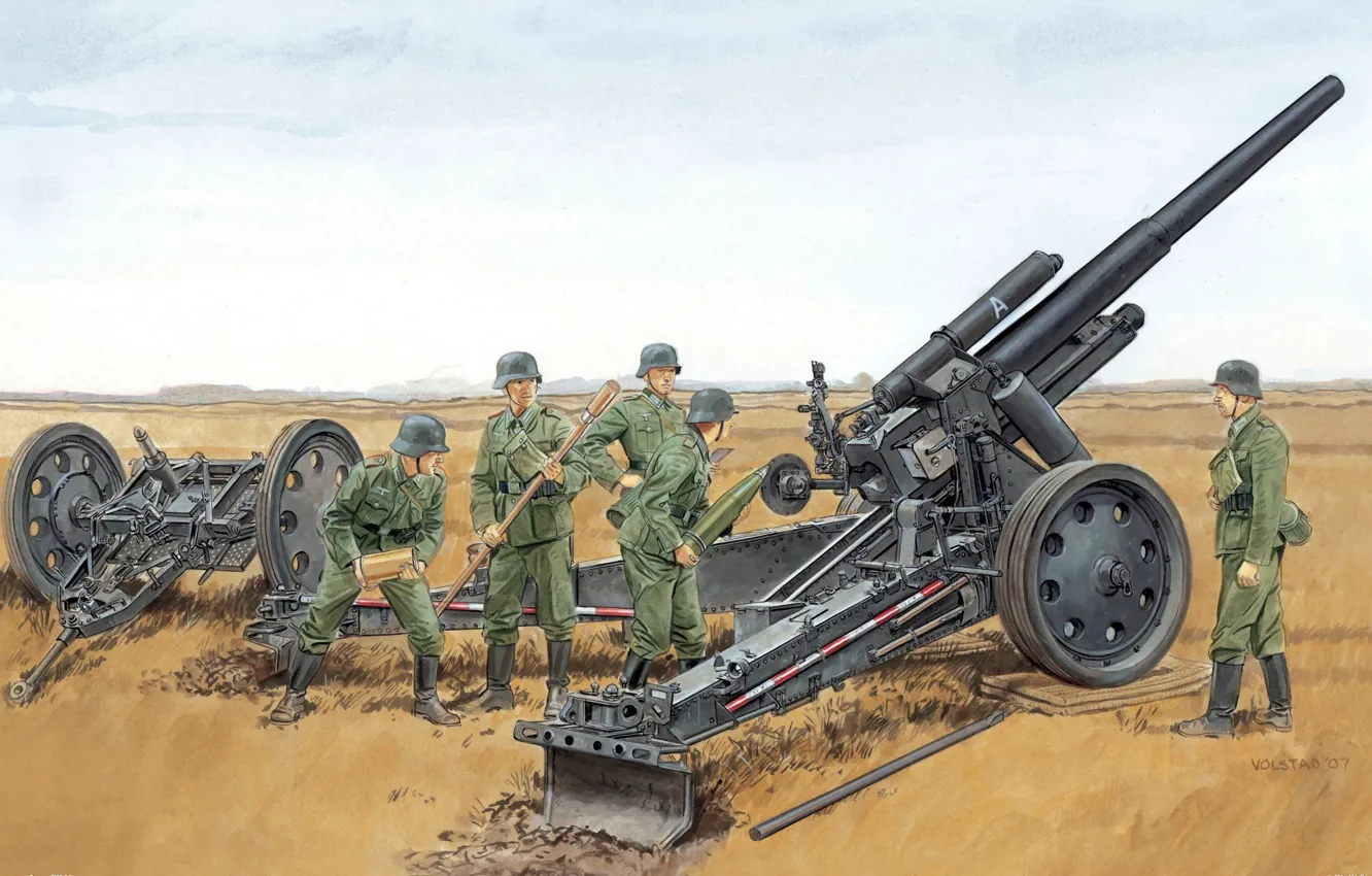 Photo wallpaper war, figure, art, position, equipment, WW2, howitzer, German