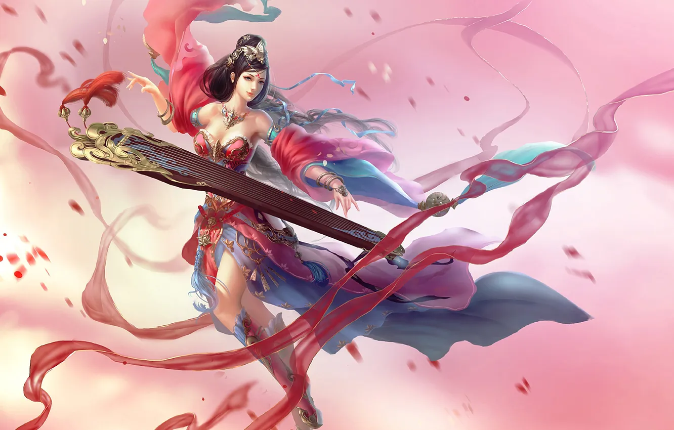 Photo wallpaper girl, art, tape, brush, musical instrument