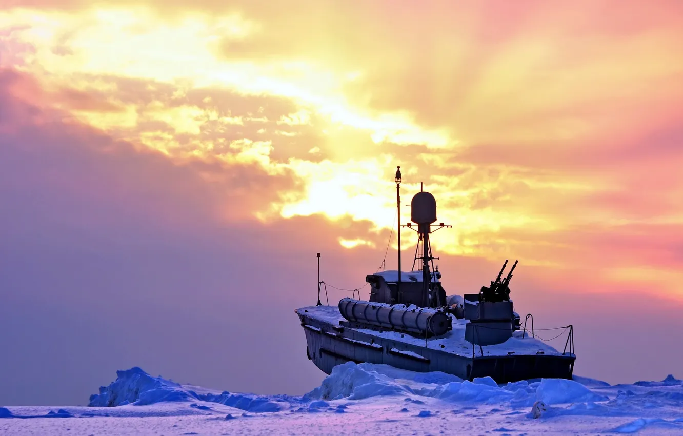 Photo wallpaper ice, the sky, clouds, snow, sunset, weapons, frost, boat