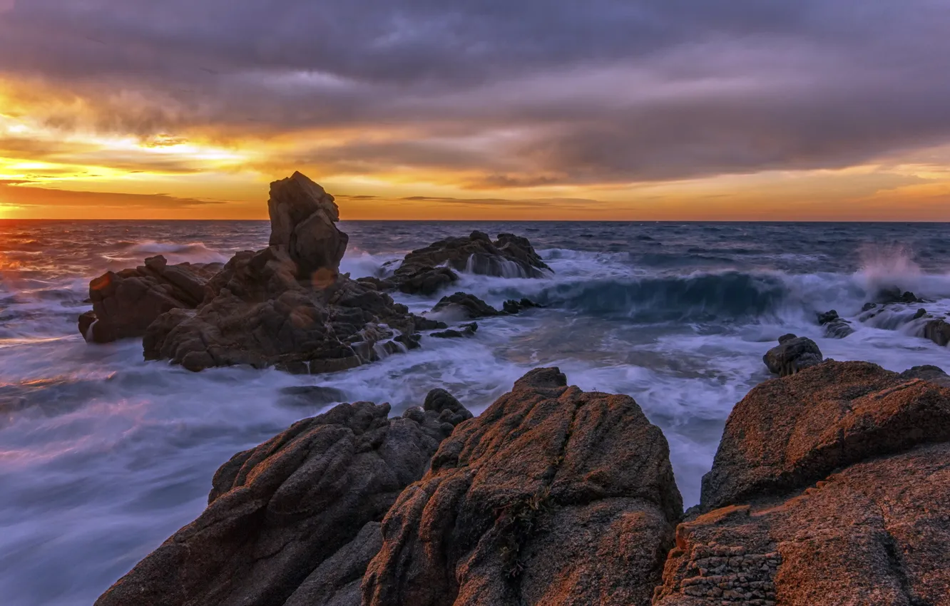 Photo wallpaper sea, landscape, sunset, rocks