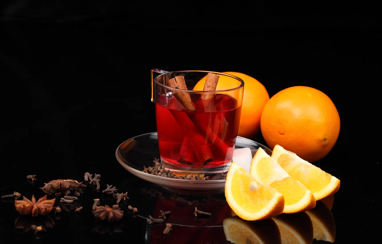Photo wallpaper table, tea, orange, Cup, drink, cinnamon, slices, saucer