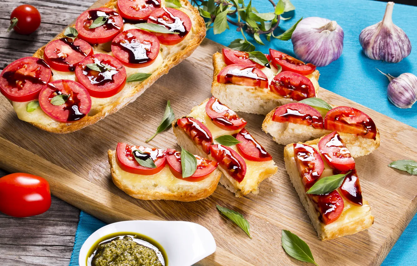 Photo wallpaper cheese, bread, Board, tomatoes, sandwiches