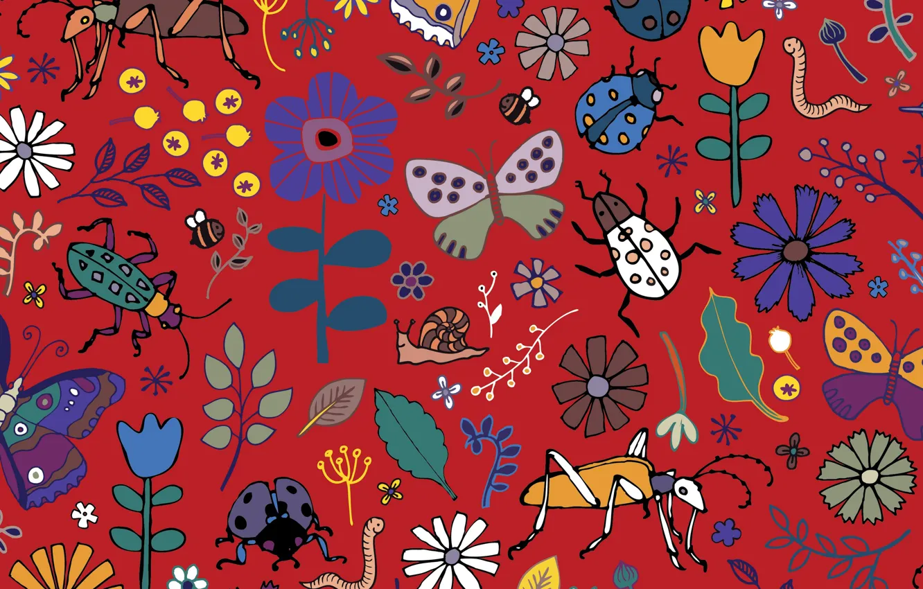 Photo wallpaper texture, Butterflies, beetles, blooms
