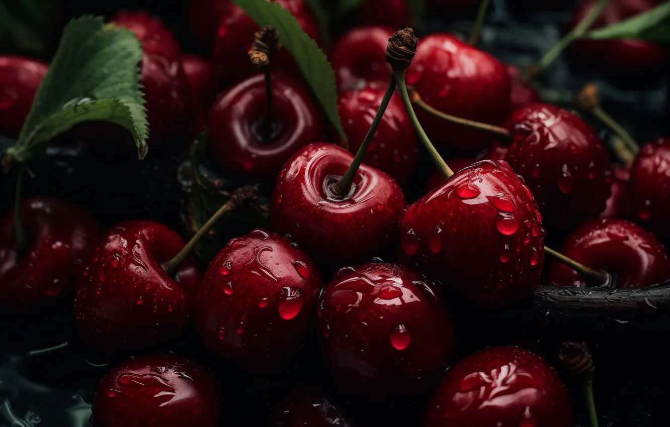 Photo wallpaper drops, cherry, water drops