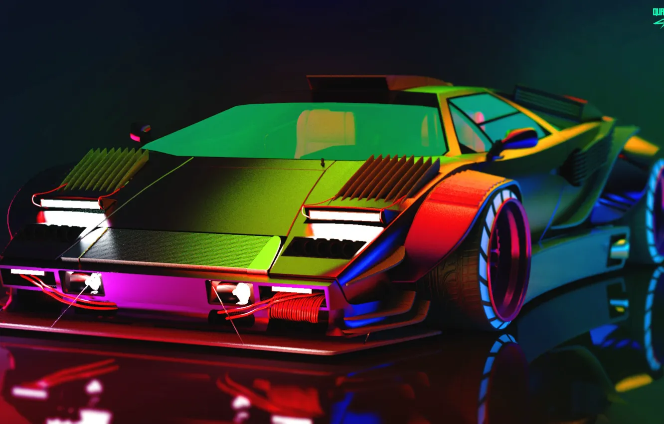 Photo wallpaper car, machine, auto, rendering, neon, Lamborghini, art, the front