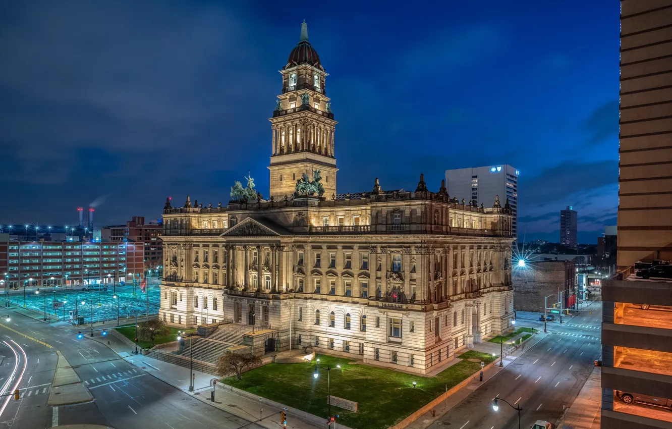 Photo wallpaper night, the city, USA, Detroit, Detroit