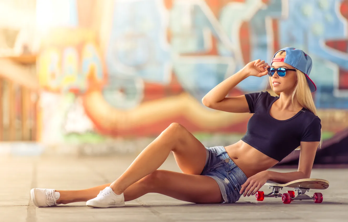 Photo wallpaper girl, pose, wall, graffiti, shorts, sneakers, figure, slim