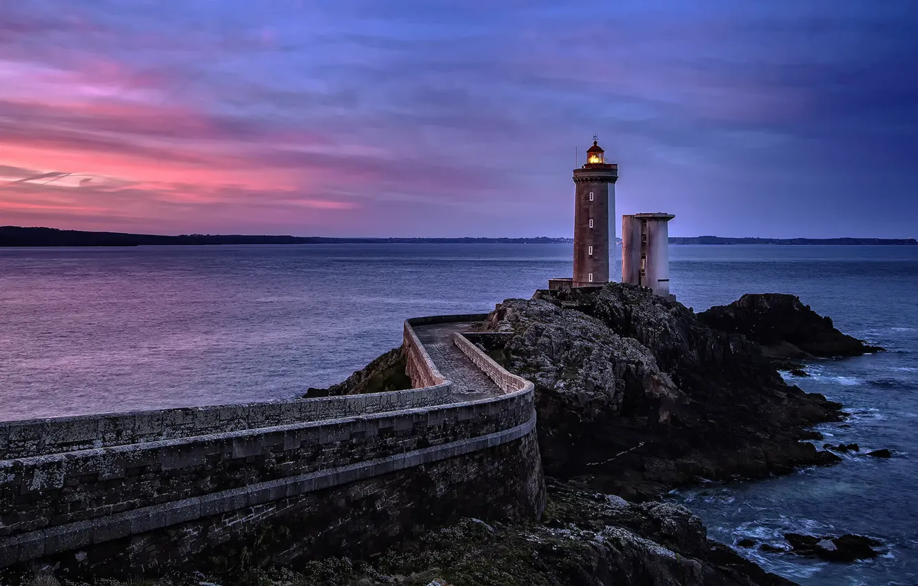 Photo wallpaper sea, the sky, sunset, rock, France, lighthouse