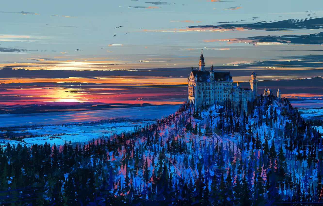 Photo wallpaper winter, the sky, snow, trees, landscape, sunset, mountains, castle