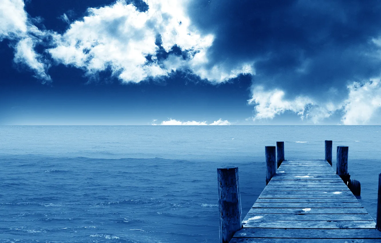 Photo wallpaper sea, clouds, blue, pier, Horizon