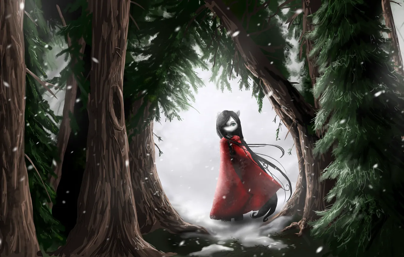 Photo wallpaper cold, forest, snow, loneliness, fear, baby, dark, red coat