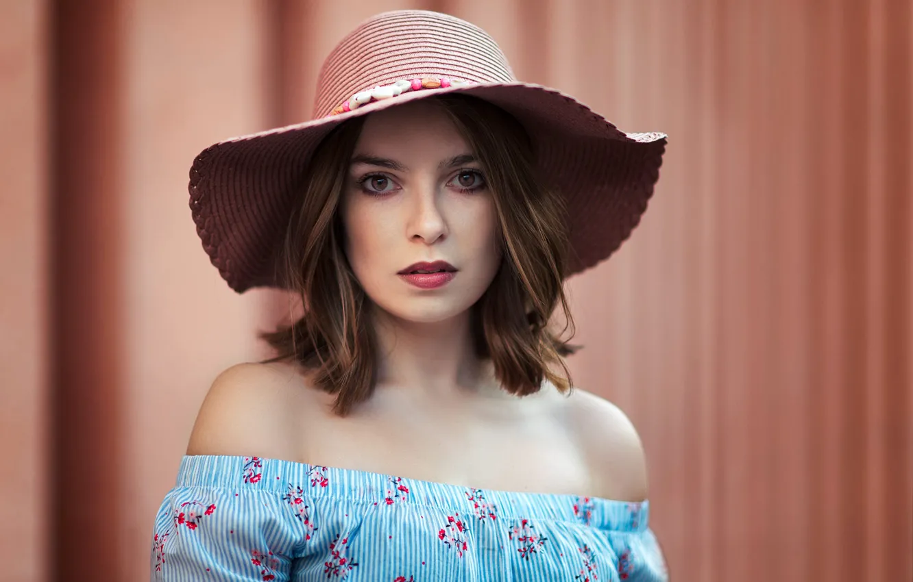 Photo wallpaper look, background, model, portrait, hat, makeup, dress, hairstyle