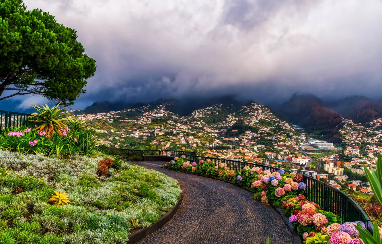 Photo wallpaper clouds, flowers, mountains, tree, home, panorama, Portugal, the parapet
