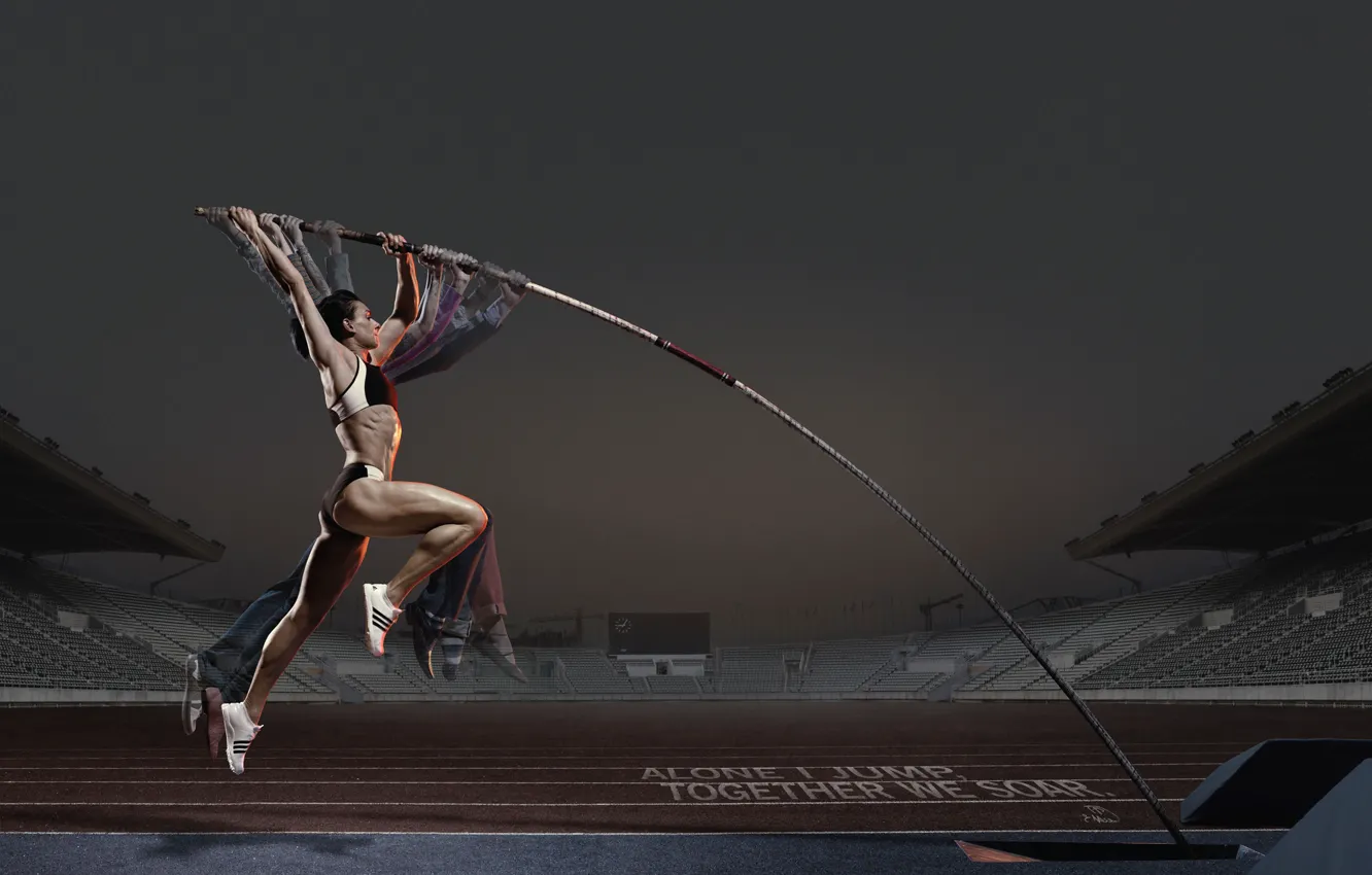 Photo wallpaper girl, jump, advertising, Adidas, athlete, pole, Pole vault