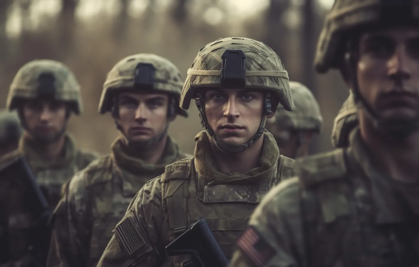 Photo wallpaper look, soldiers, male, equipment, helmet, digital art, AI art, The Art of Artificial Intelligence