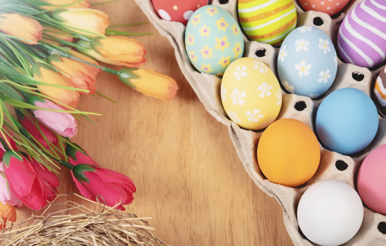 Photo wallpaper flowers, eggs, spring, colorful, Easter, tulips, flowers, tulips