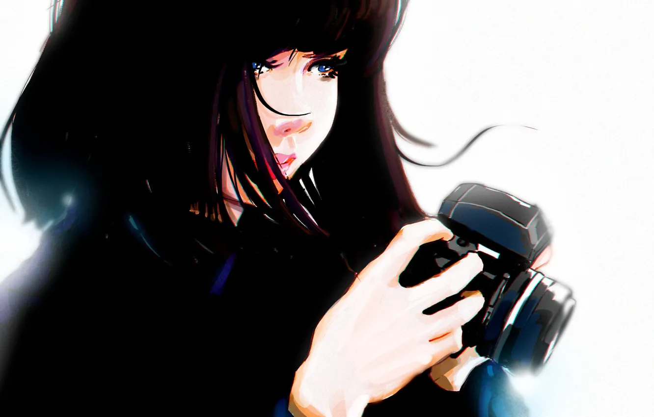Photo wallpaper hands, the camera, blue eyes, black hair, art, portrait of a girl, Punksy