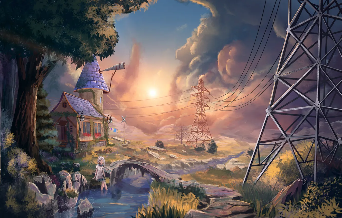 Photo wallpaper trees, bridge, river, wire, home, art, girl