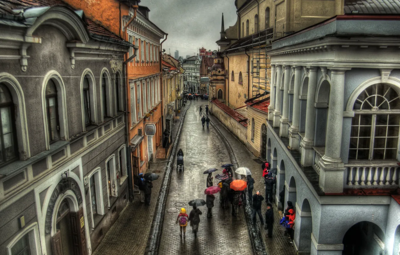 Photo wallpaper autumn, the city, rain, street, people, building, home, Austria