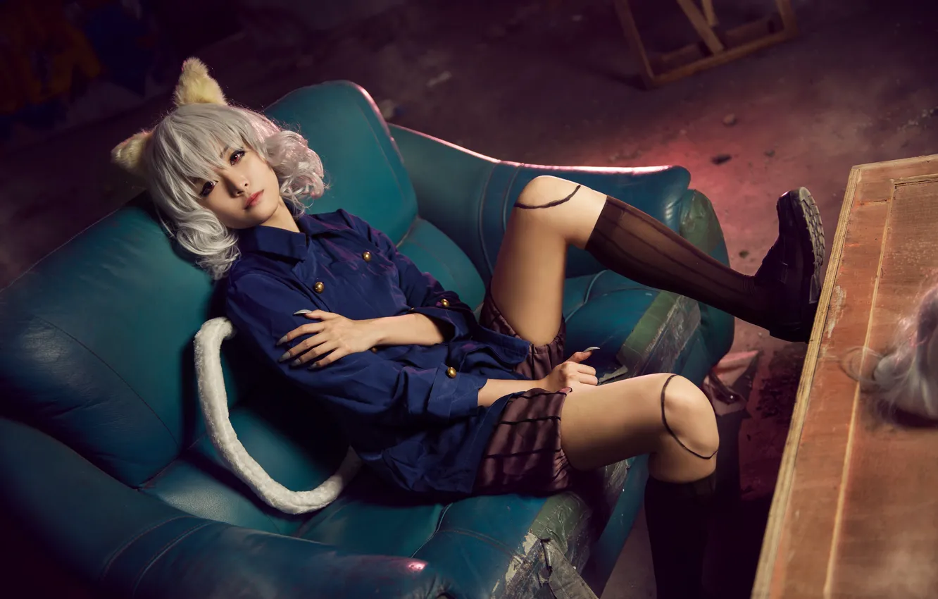 Photo wallpaper cat, look, girl, pose, style, table, sofa, feet