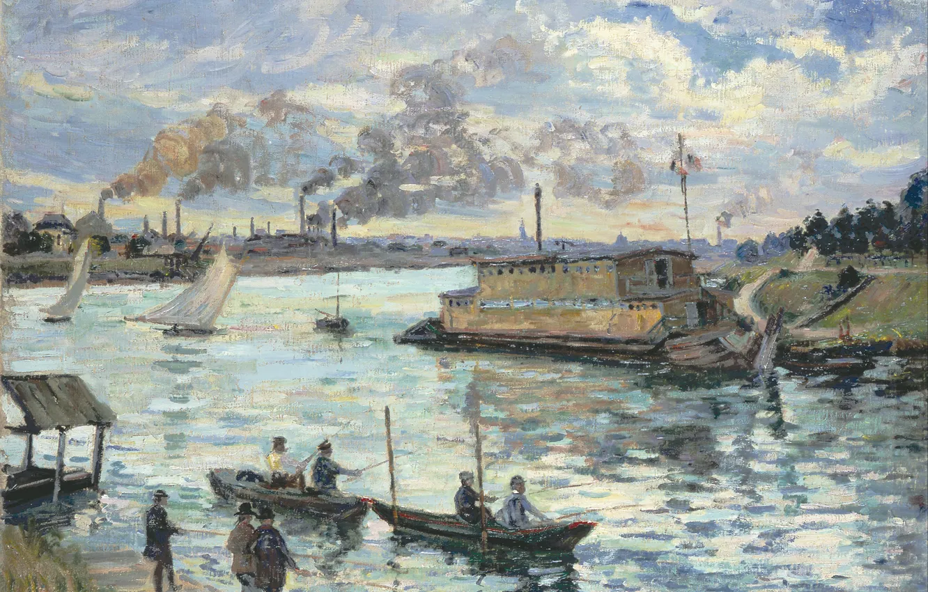 Photo wallpaper landscape, pipe, boat, smoke, picture, sail, Arman Hyomin, The Seine River