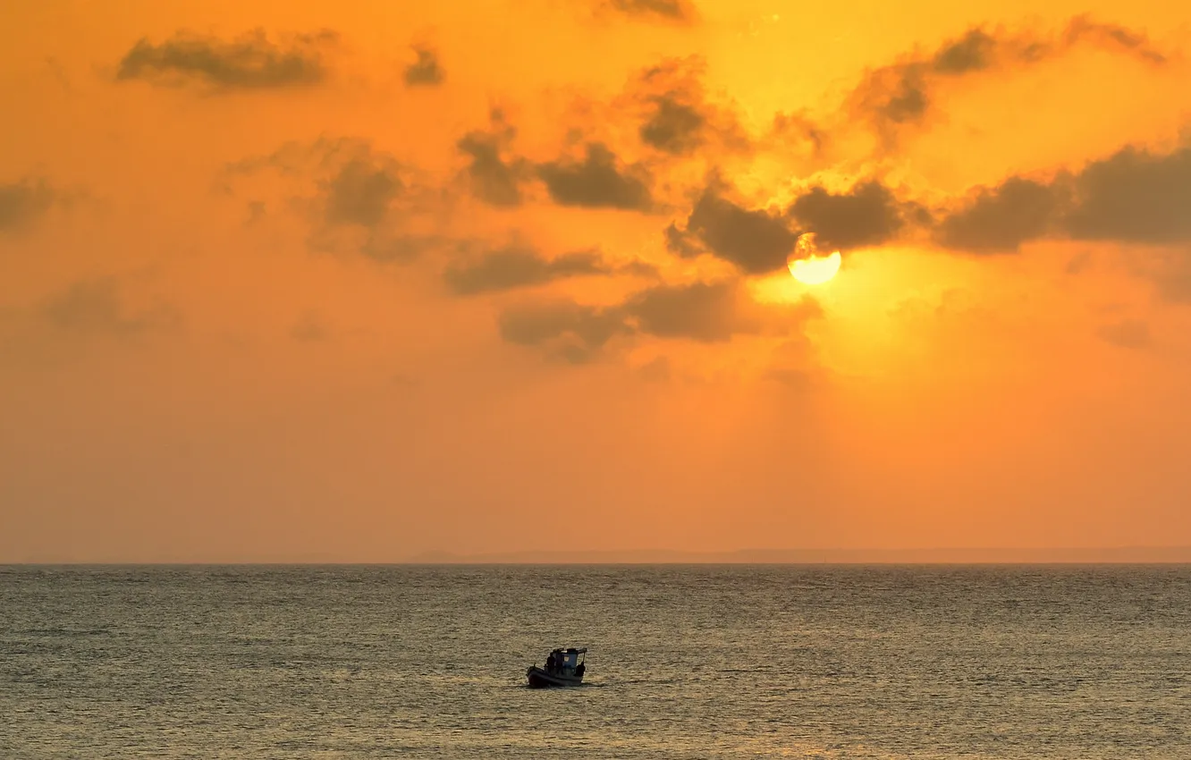 Photo wallpaper sea, clouds, sunset, yellow, boat, horizon, Brazil, sunlight