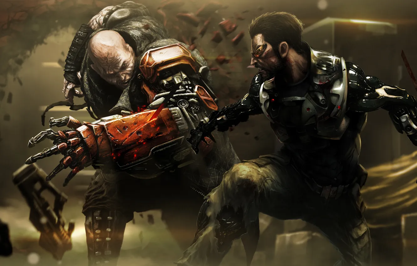 Photo wallpaper battle, cyberpunk, fan art, Adam Jensen, Deus Ex: Mankind Divided