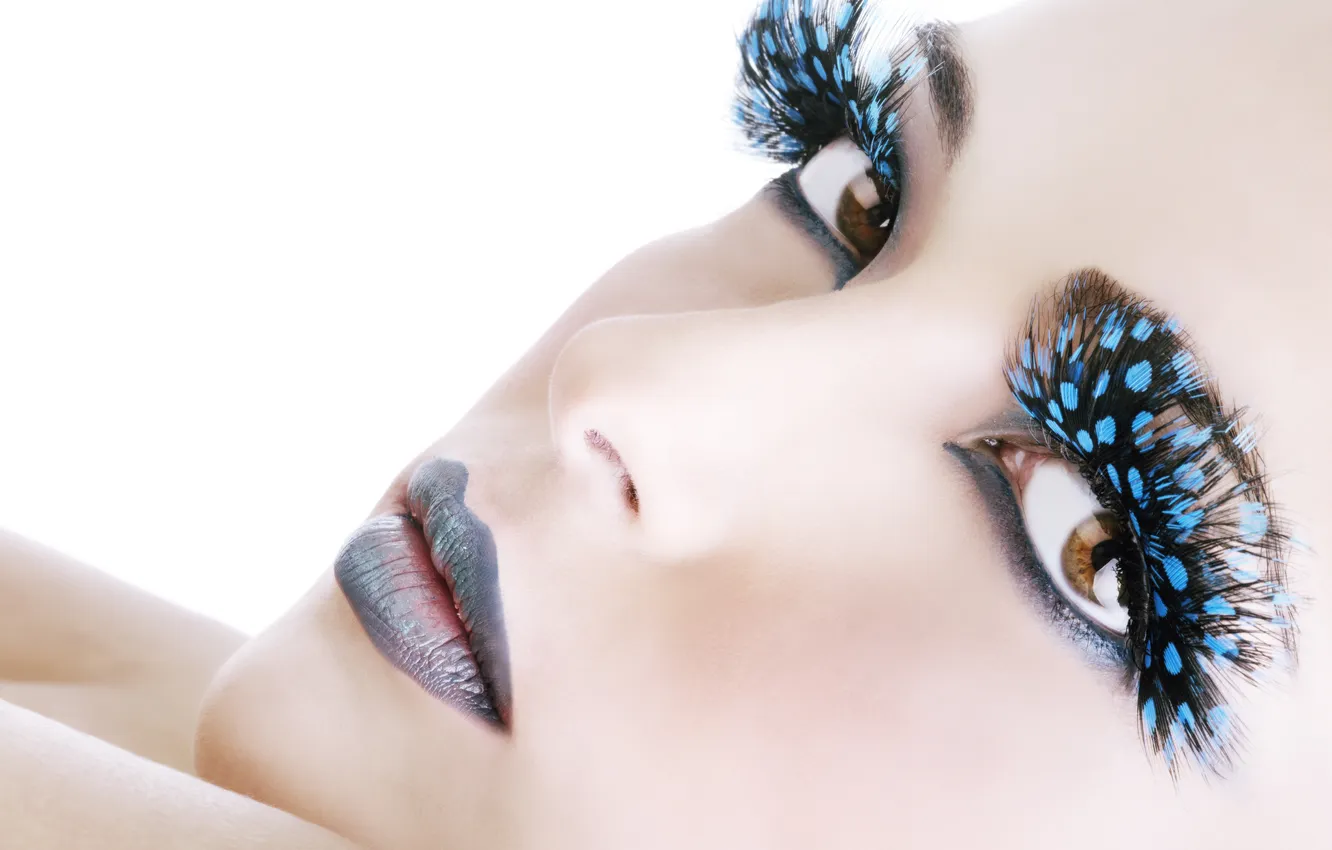 Photo wallpaper girl, face, eyelashes, background, feathers, makeup, lips