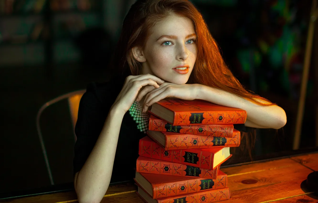 Photo wallpaper Girl, Look, Hair, Freckles, Beautiful, Books, Redhead, Katya Voronina