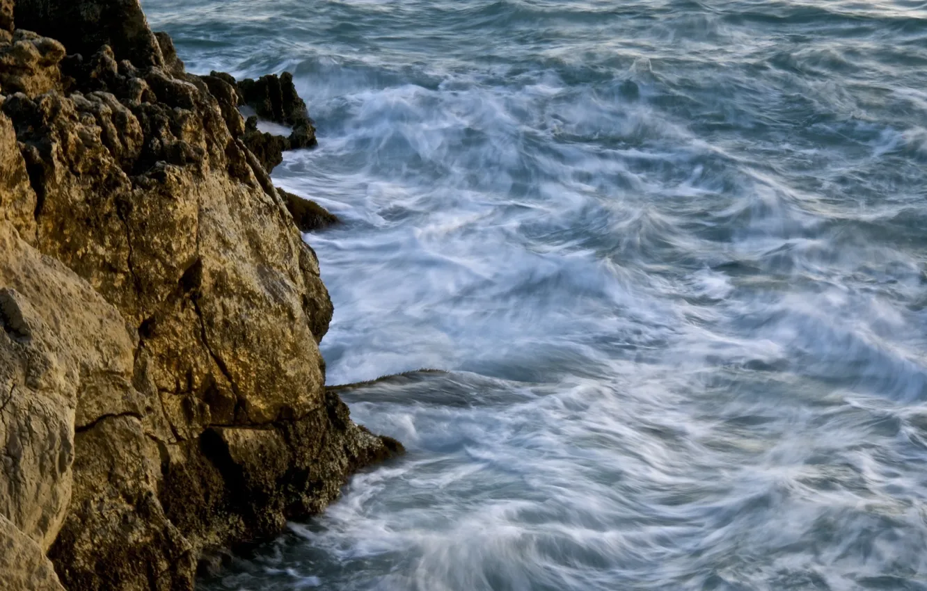 Photo wallpaper sea, wave, water, blue, stones, rocks, shore
