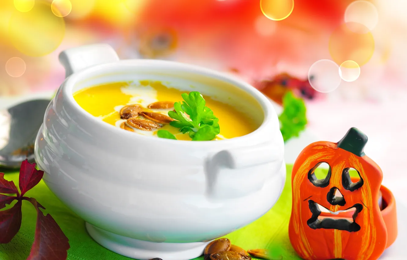 Photo wallpaper soup, Halloween, pumpkin, Halloween, seeds, figures, tureen, pumpkin