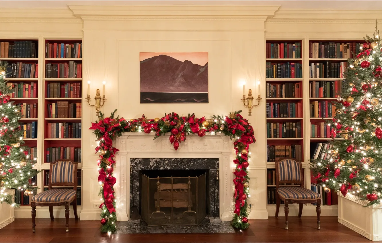 Photo wallpaper Christmas, Washington, New Year, interior, books, White House