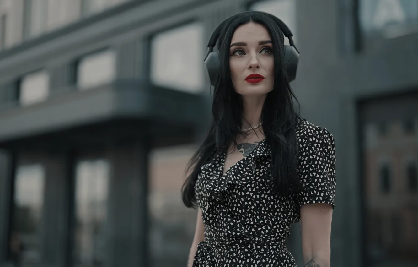 Photo wallpaper girl, sweetheart, model, Headphones, brunette, Wallpaper, Portrait, Beads