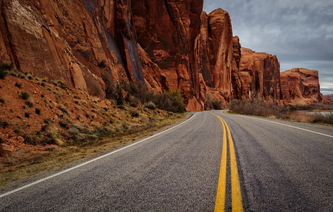 Photo wallpaper road, asphalt, rocks, yellow stripe