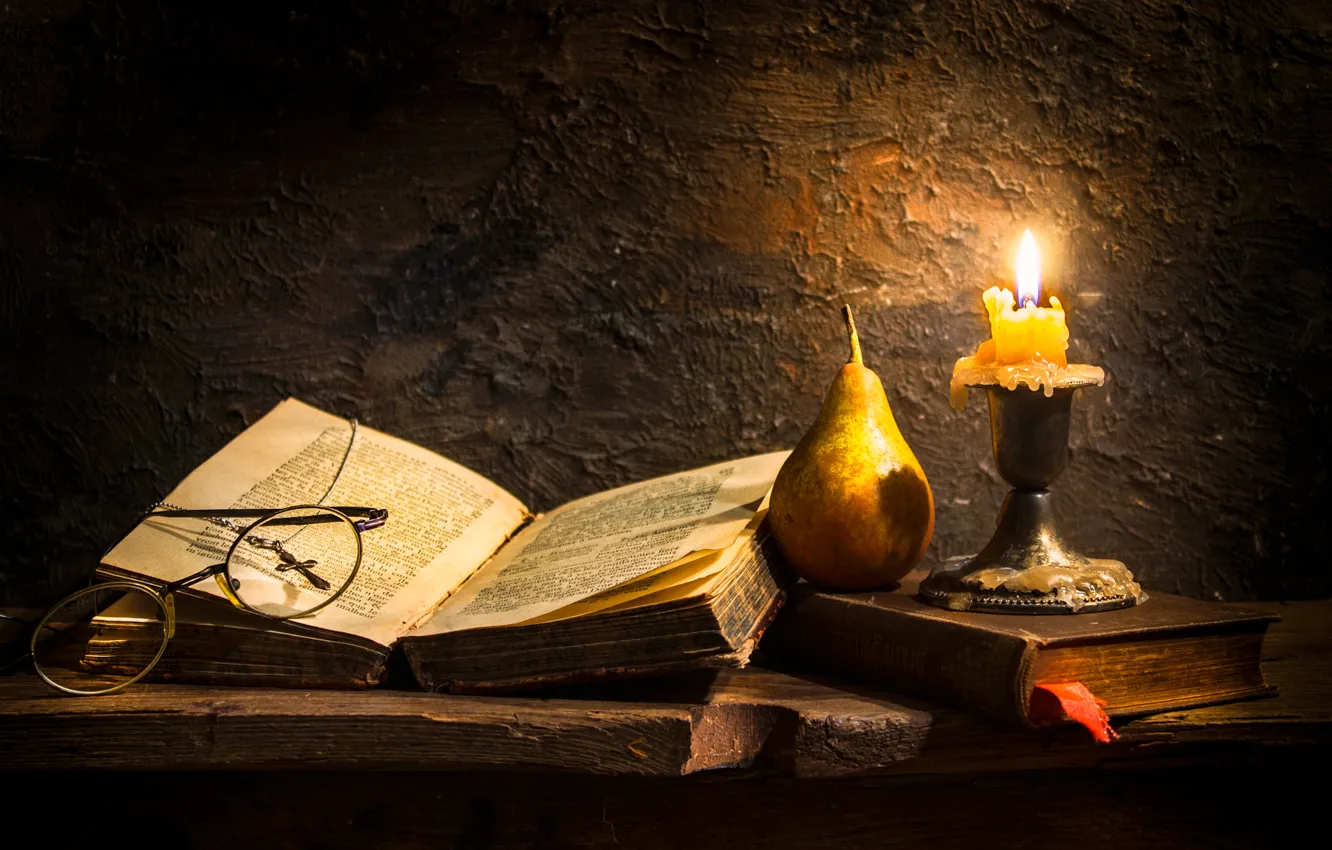 Photo wallpaper candle, glasses, book, pear, wax, cross, Faith