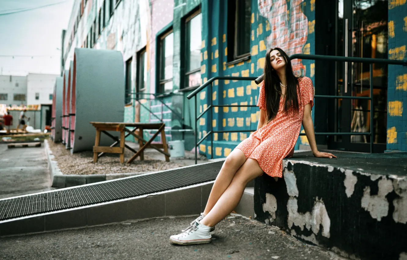 Photo wallpaper girl, dress, beautiful, model, cute, sneakers
