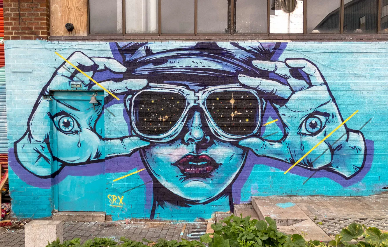 Photo wallpaper girl, stars, city, the city, street, glasses, girl, stars