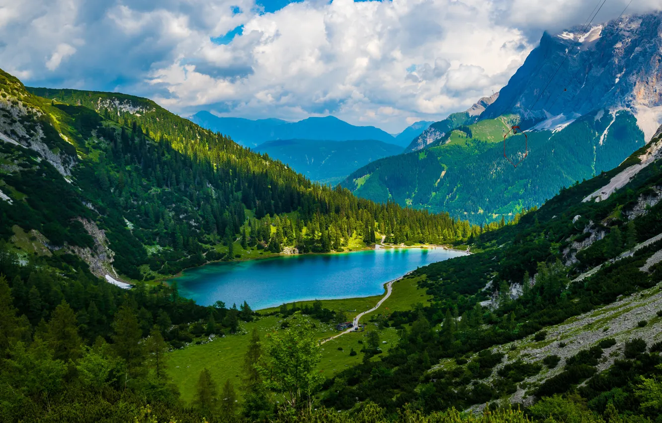 Photo wallpaper forest, clouds, mountains, lake, blue, the slopes, Alps, rope