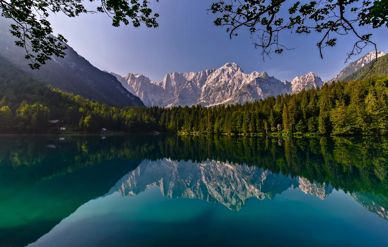 Photo wallpaper forest, the sky, water, the sun, trees, mountains, lake, reflection