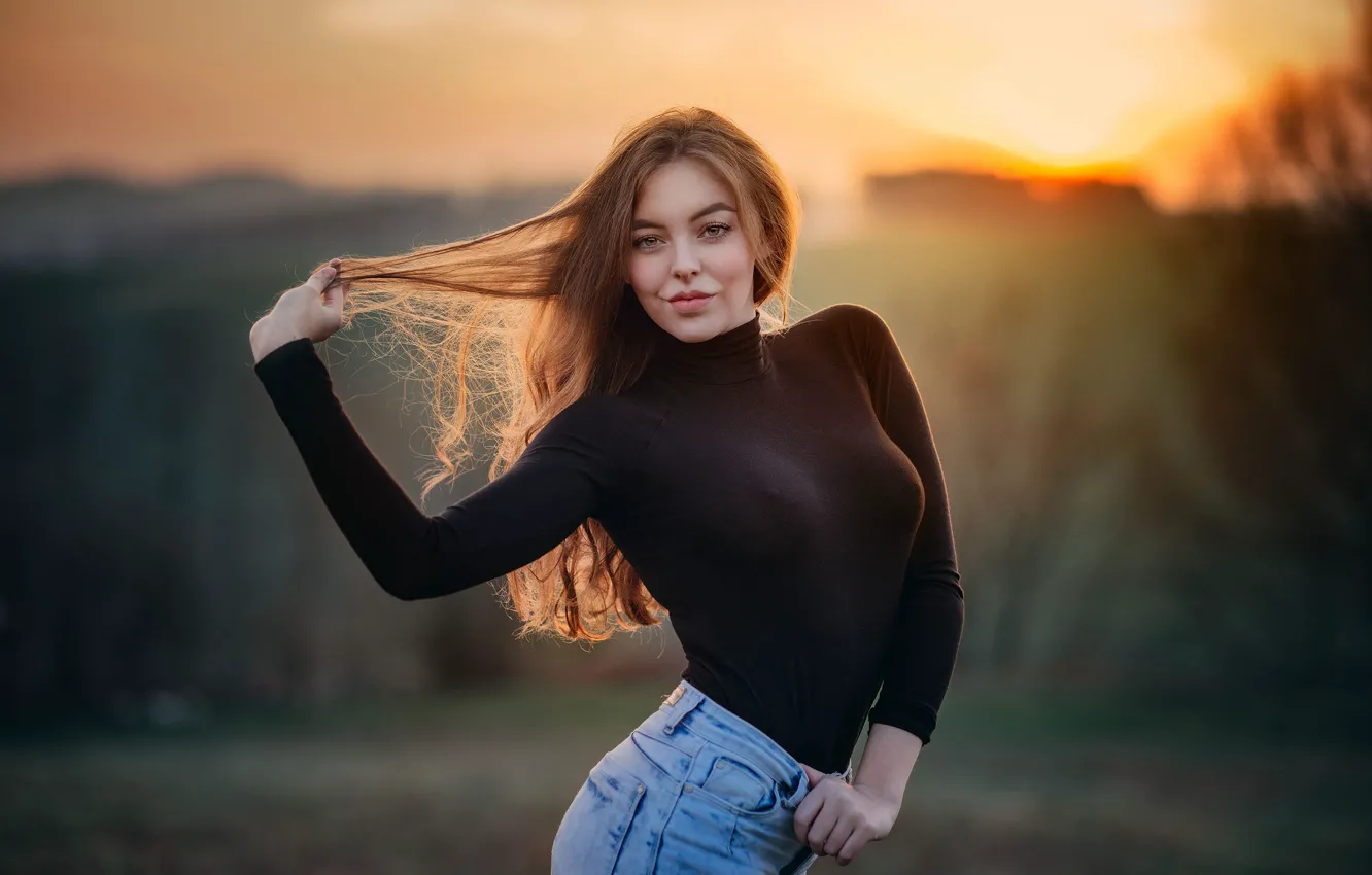 Photo wallpaper look, landscape, sunset, nature, background, model, portrait, jeans