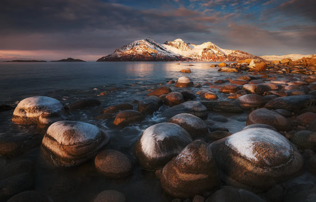 Photo wallpaper winter, the sky, water, light, snow, clouds, lake, stones