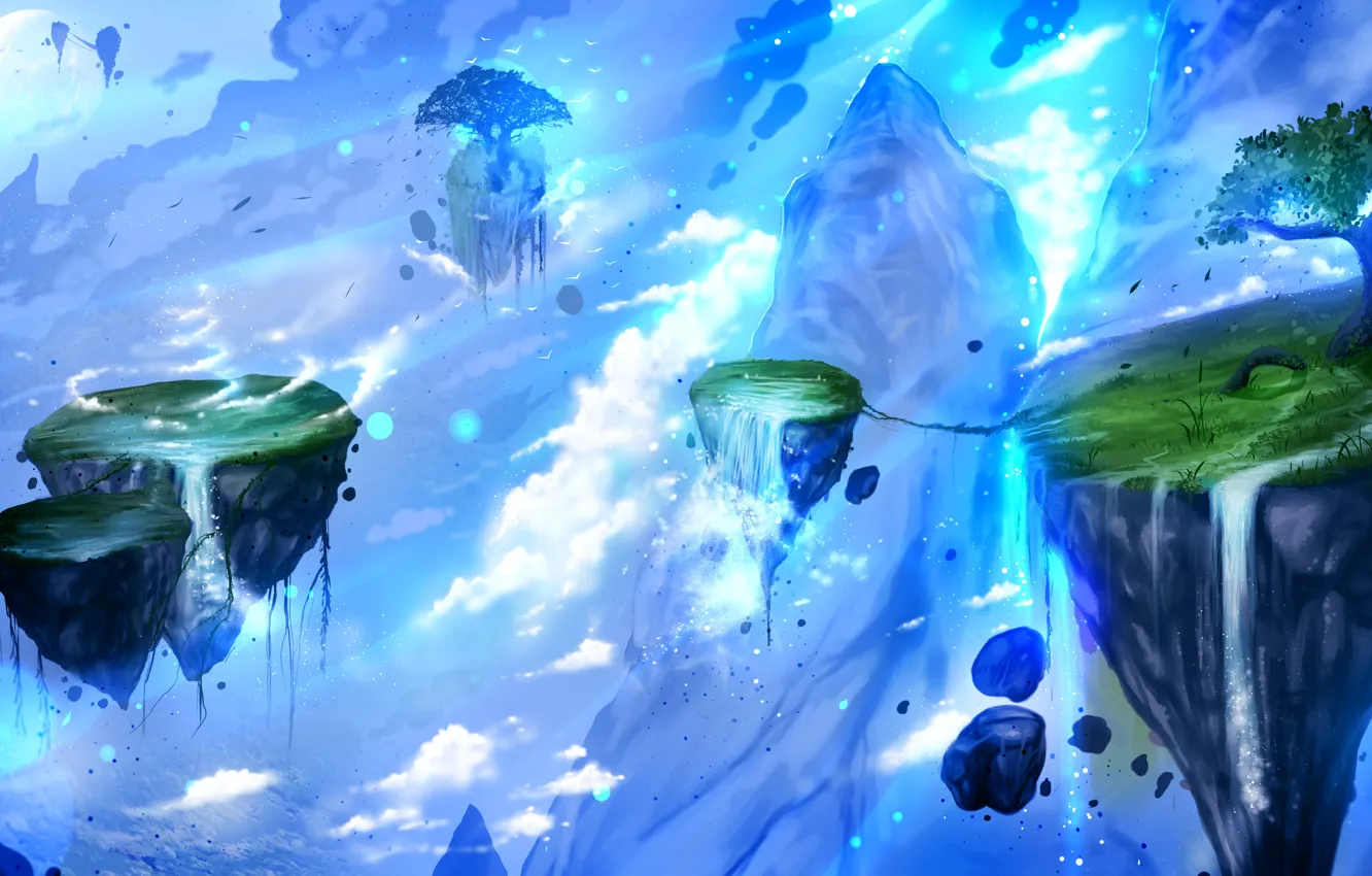 Photo wallpaper clouds, trees, night, rocks, the moon, waterfall, flying Ostrava