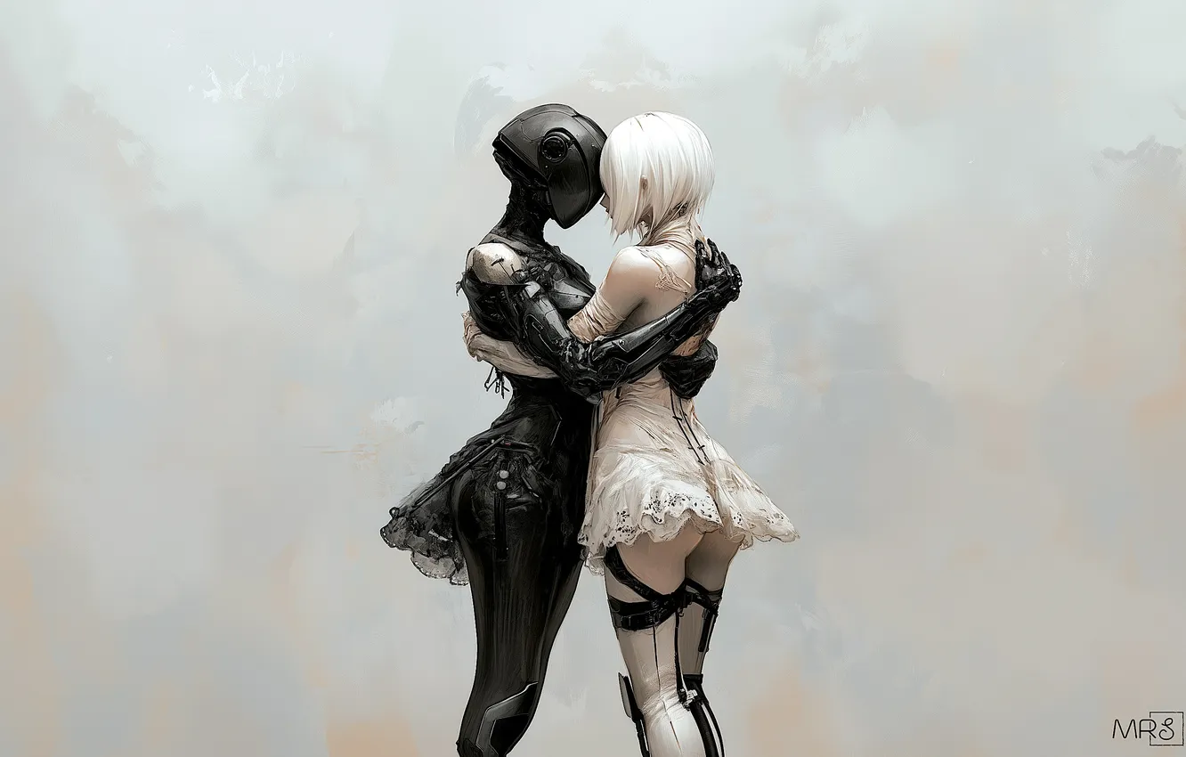 Photo wallpaper fantasy, robot, mood, artwork, fantasy art, Minimalism, white background, hugging