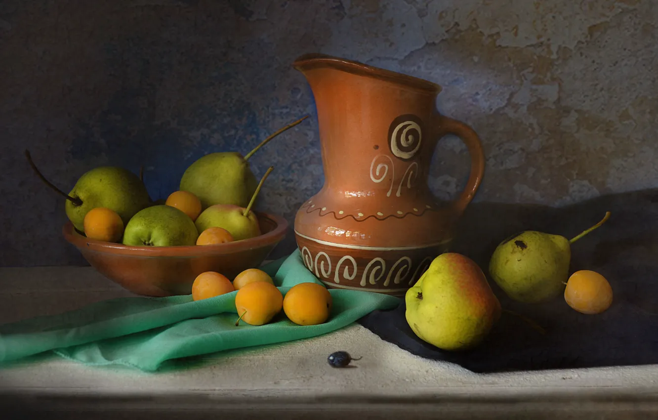 Photo wallpaper table, grapes, Cup, pitcher, fruit, still life, quince, drape