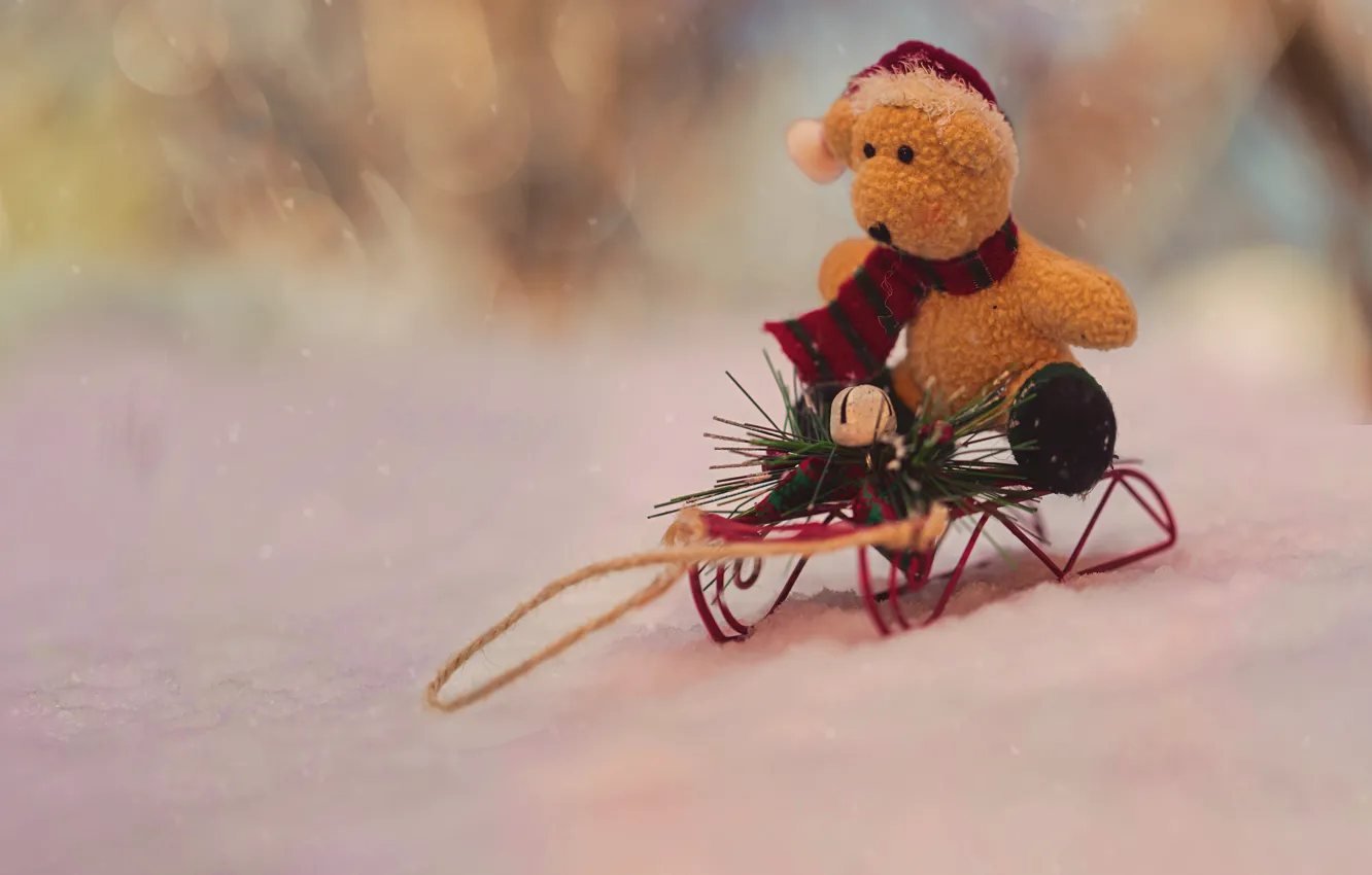 Photo wallpaper winter, snow, toy, new year, Christmas, bear, bear, needles