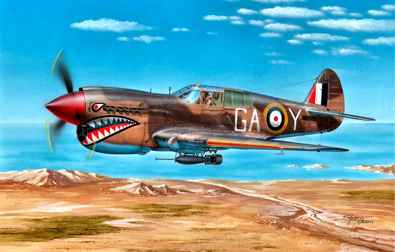 Photo wallpaper 1942, P-40E, Kittyhawk Mk.IA, Lybia, 112 Sqn, Clive ''Killer'' Caldwell, ''Shark'' Squadron, North Africa