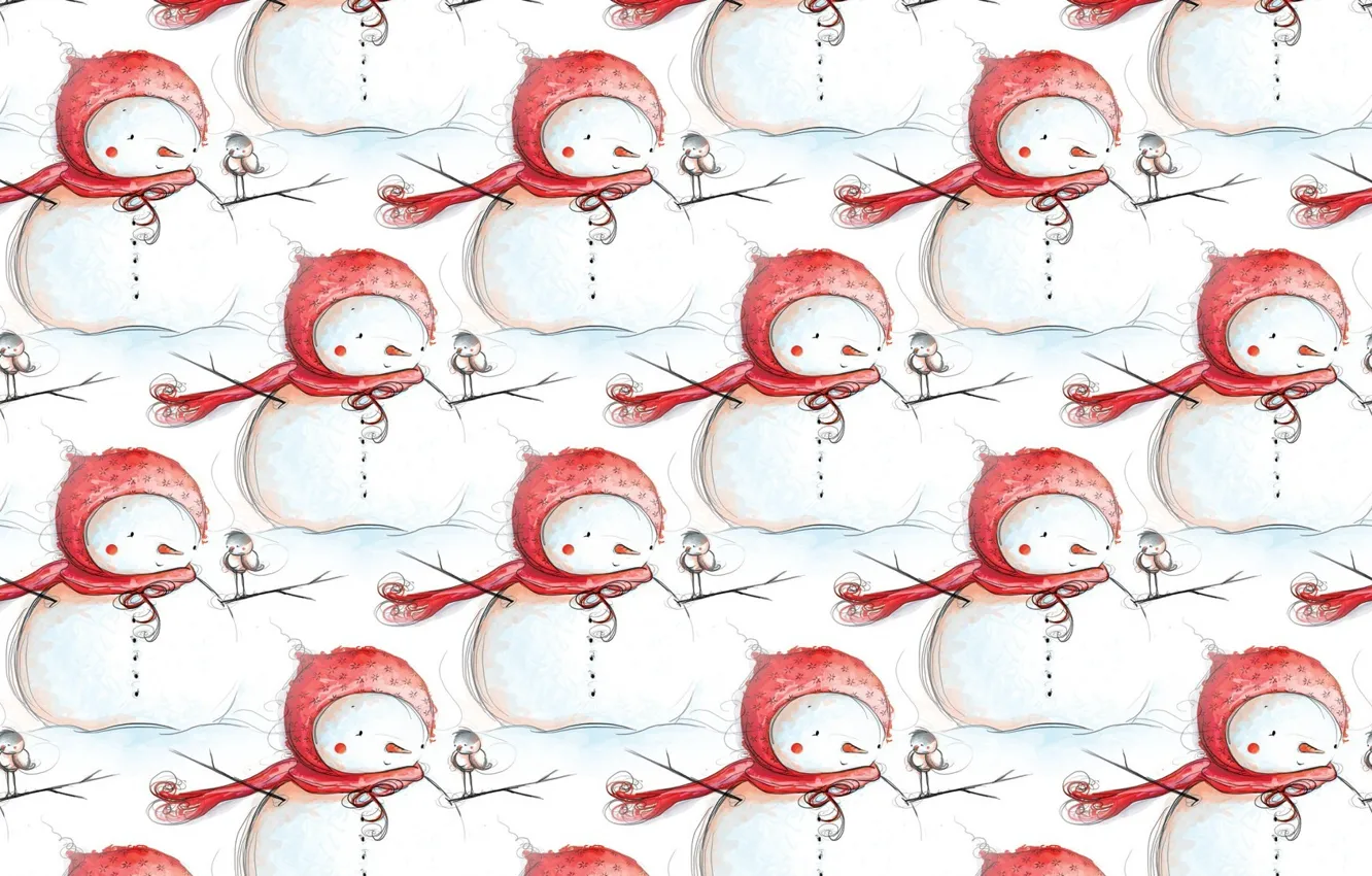 Photo wallpaper winter, background, holiday, texture, New year, snowman, bird, children's