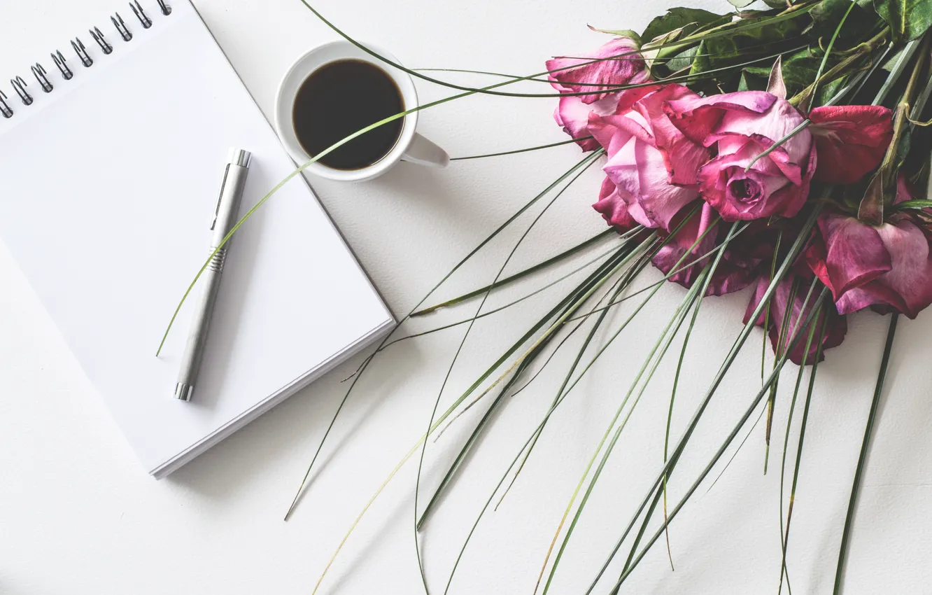 Photo wallpaper table, coffee, roses, bouquet, handle, BACnet.