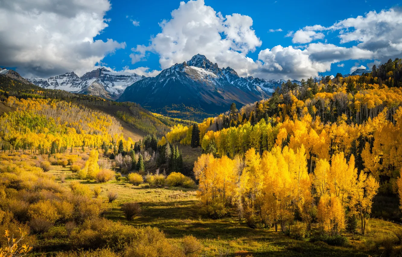 Photo wallpaper autumn, clouds, trees, landscape, mountains, nature, beauty, Colorado